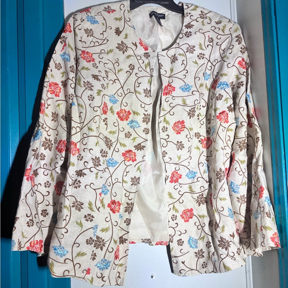 Alexandra Bartlett Cream Floral Embroidered Blazer with Red & Blue Accents